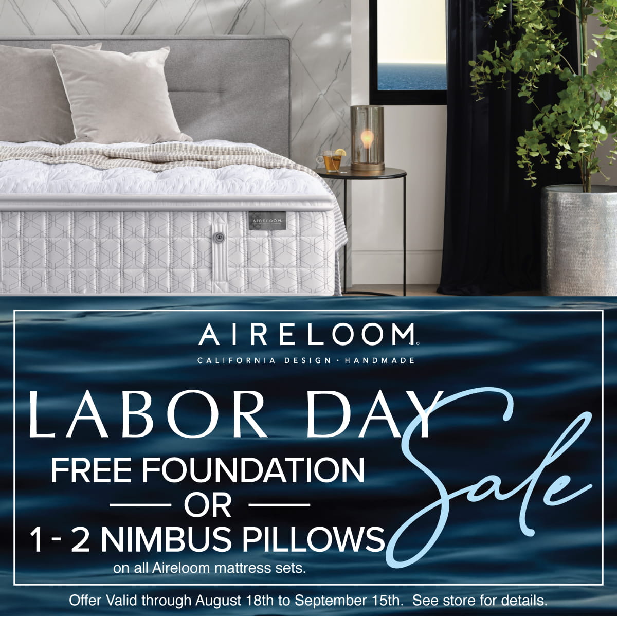 Aireloom Labor Day Sale - Free Foundation OR 1-2 Free Nimbus Pillows - ends Sep 8