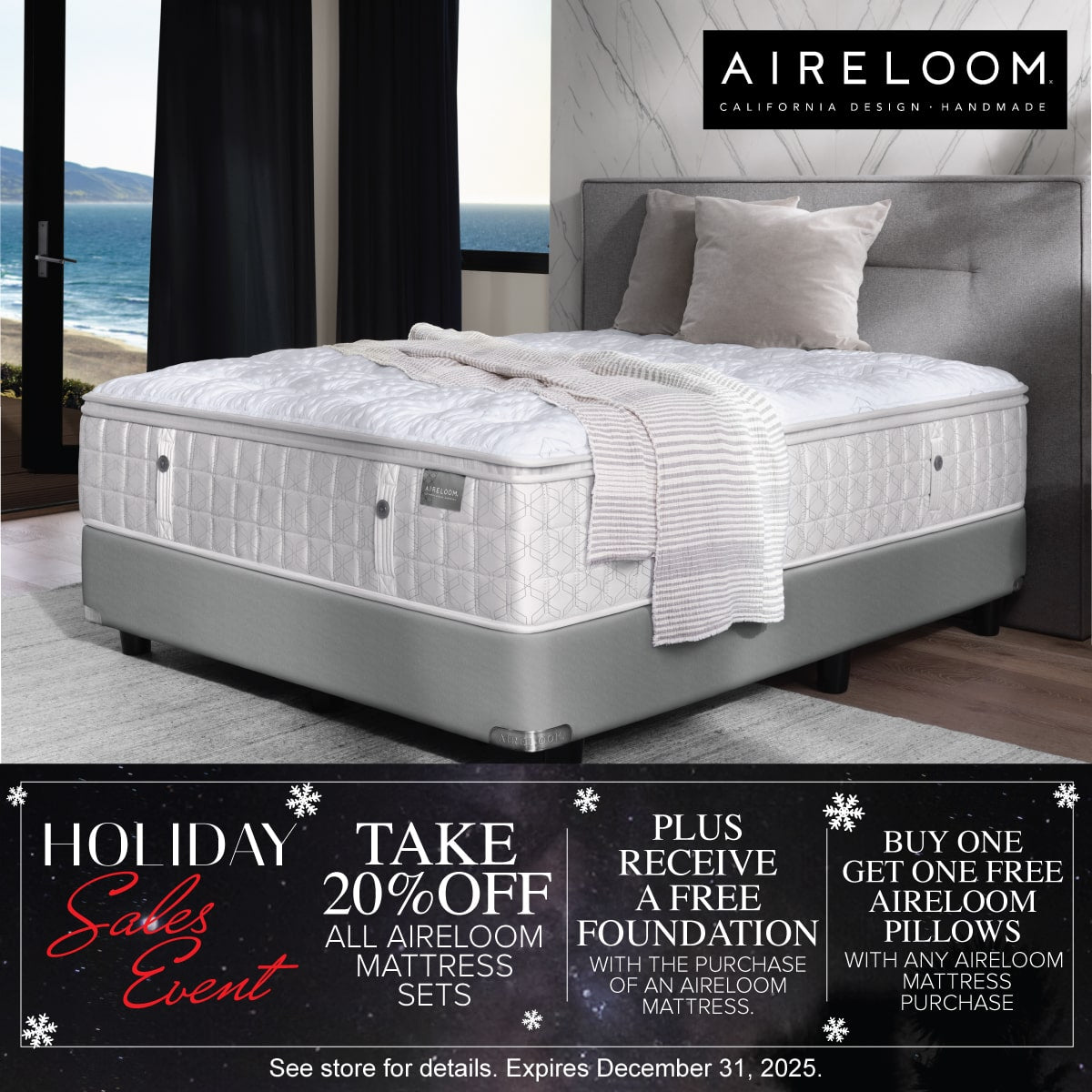 Aireloom Holiday Sales Event ends Dec 31 - 20% OFF All Mattresses & Free Foundation & BOGO Pillow