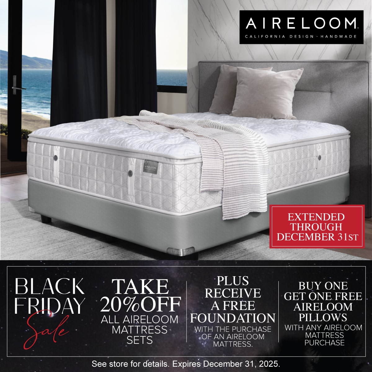 Aireloom Black Friday Sale Extended To Dec 31 - 20% OFF All Mattresses & Free Foundation & BOGO Pillow
