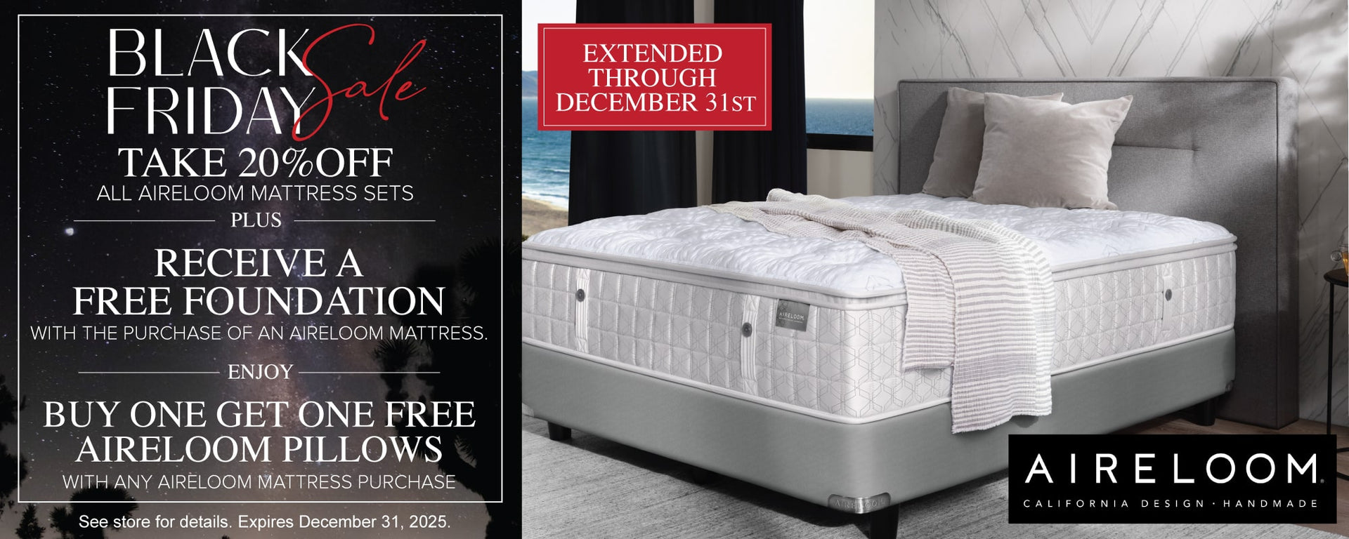 Aireloom Black Friday Sale Extended To Dec 31 - 20% OFF All Mattresses & Free Foundation & BOGO Pillow
