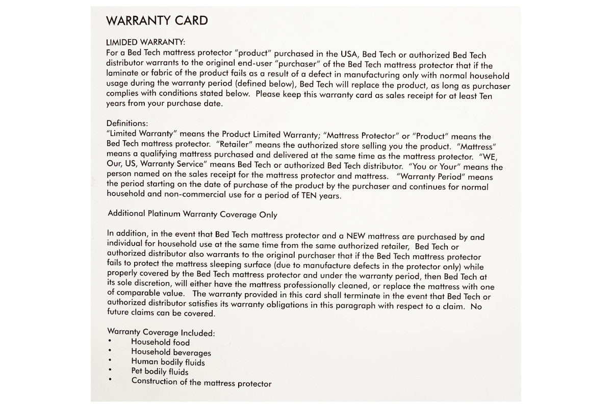oc mattress bed tech mattress protector warranty card front 